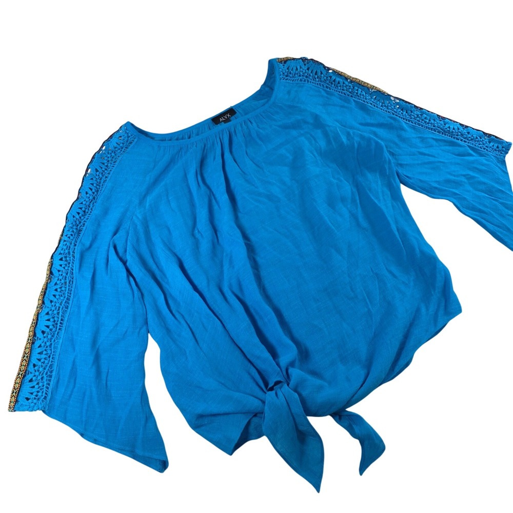 ALYX Women XL Blue Blouse Crochet Lace‎ Bell Sleeve Front Tie Boho 0407117